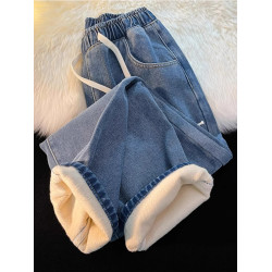 加絨加厚直筒牛仔褲女冬季2025新款小個子濶腿加棉松緊腰秋冬褲子