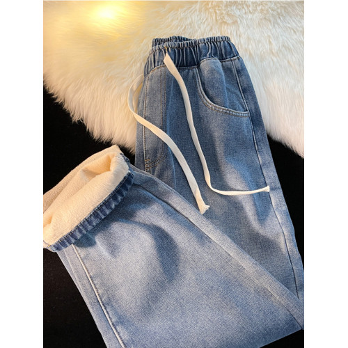 加絨加厚直筒牛仔褲女冬季2025新款小個子濶腿加棉松緊腰秋冬褲子 加絨加厚直筒牛仔褲女冬季2025新款小個子濶腿加棉松緊腰秋冬褲子