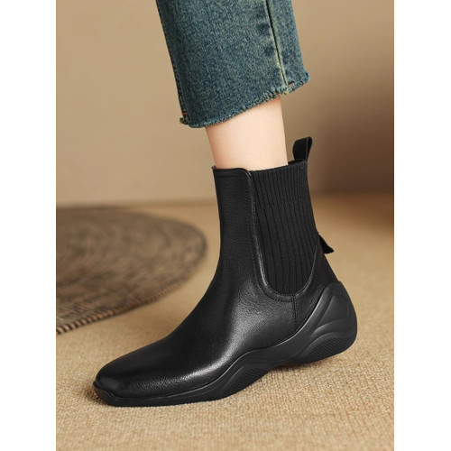 休閒運動底低跟短靴女秋冬新款復古英倫風厚底切爾西靴針織瘦瘦靴