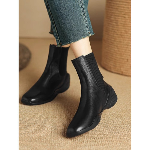 休閒運動底低跟短靴女秋冬新款復古英倫風厚底切爾西靴針織瘦瘦靴