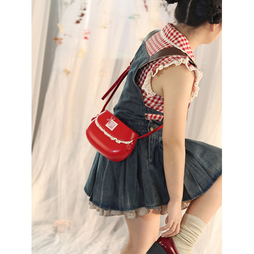 原創設計新款韓國復古ins紅色馬鞍包斜背小包包女百搭簡約手機包