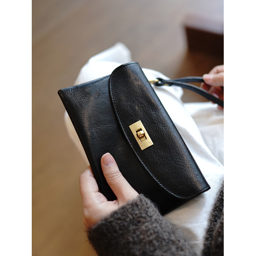 鹿小姐植鞣牛皮復古簡約大容量鎖釦錢包真皮證件手機收納手拿包