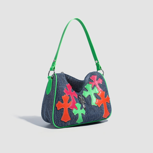 高級感彩色牛仔布十字架雞塊包2025新款拼接撞色手提單肩腋下包包