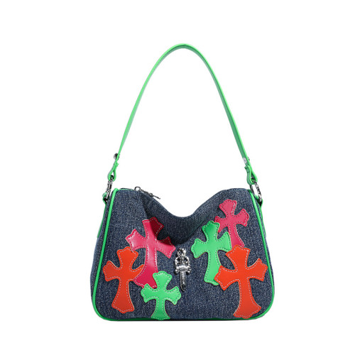 高級感彩色牛仔布十字架雞塊包2025新款拼接撞色手提單肩腋下包包