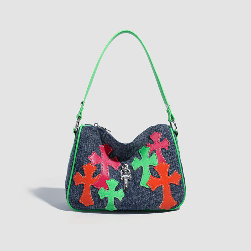 高級感彩色牛仔布十字架雞塊包2025新款拼接撞色手提單肩腋下包包