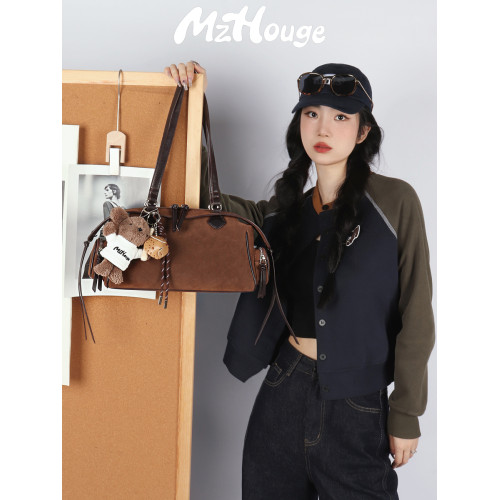 MzHouge麂皮多口袋波士頓包復古原創小衆單肩腋下包女高級感hobo MzHouge麂皮多口袋波士頓包復古原創小衆單肩腋下包女高級感hobo