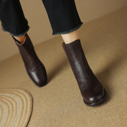 全牛皮圓頭切爾西靴女2024秋季新款粗跟短靴軟底加絨棉靴