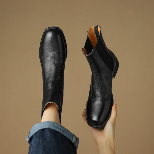 全牛皮圓頭切爾西靴女2024秋季新款粗跟短靴軟底加絨棉靴 全牛皮圓頭切爾西靴女2024秋季新款粗跟短靴軟底加絨棉靴