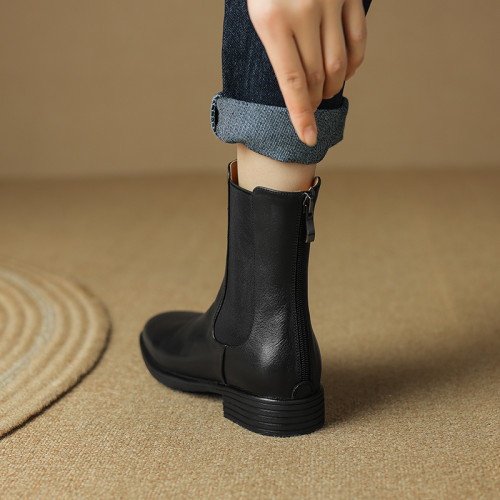 全牛皮圓頭切爾西靴女2024秋季新款粗跟短靴軟底加絨棉靴 全牛皮圓頭切爾西靴女2024秋季新款粗跟短靴軟底加絨棉靴