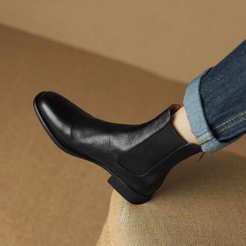 全牛皮圓頭切爾西靴女2024秋季新款粗跟短靴軟底加絨棉靴 全牛皮圓頭切爾西靴女2024秋季新款粗跟短靴軟底加絨棉靴