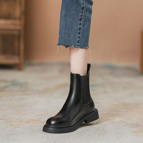 真皮切爾西菸筒靴子2026年新款秋冬加絨厚底短筒靴馬丁靴女英倫風