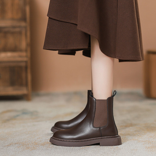真皮切爾西菸筒靴子2026年新款秋冬加絨厚底短筒靴馬丁靴女英倫風