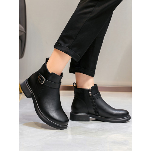 真皮切爾西靴女短靴黑色棉皮鞋媽媽鞋低跟軟底時尚百搭女靴騎士靴