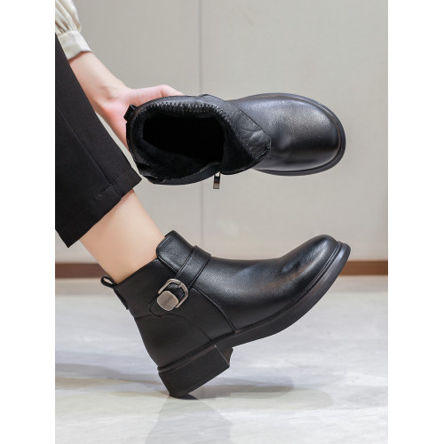 真皮切爾西靴女短靴黑色棉皮鞋媽媽鞋低跟軟底時尚百搭女靴騎士靴