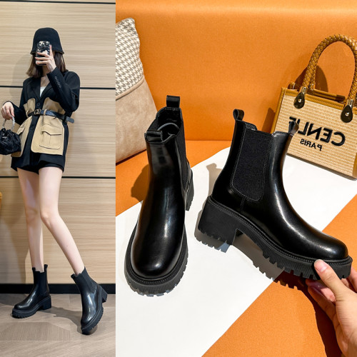 真皮~厚底增高切爾西短靴女2026新款秋冬季英倫馬丁靴高跟菸筒靴