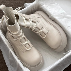 白色英倫風馬丁靴女2025秋季新款顯瘦小個子厚底增高系帶百搭短靴