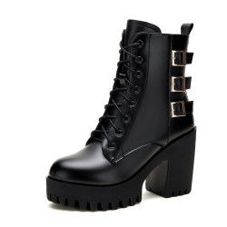 高跟粗跟中筒新款皮靴厚底防水台大碼粗跟單靴真皮英倫風馬丁靴女