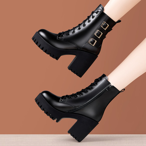 高跟粗跟中筒新款皮靴厚底防水台大碼粗跟單靴真皮英倫風馬丁靴女