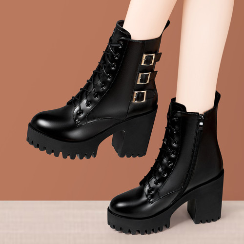 高跟粗跟中筒新款皮靴厚底防水台大碼粗跟單靴真皮英倫風馬丁靴女