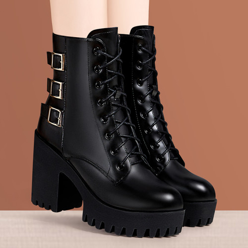 高跟粗跟中筒新款皮靴厚底防水台大碼粗跟單靴真皮英倫風馬丁靴女