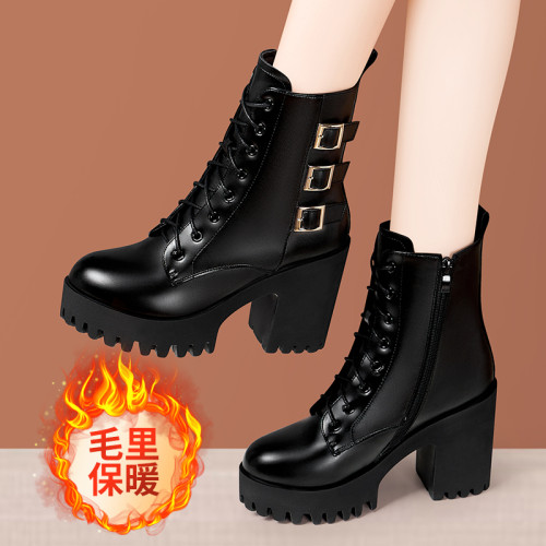 高跟粗跟中筒新款皮靴厚底防水台大碼粗跟單靴真皮英倫風馬丁靴女