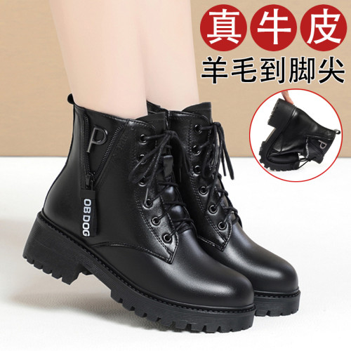 全牛皮真皮短靴女加絨馬丁靴中跟新款冬季羊毛棉鞋惠州英倫風靴子