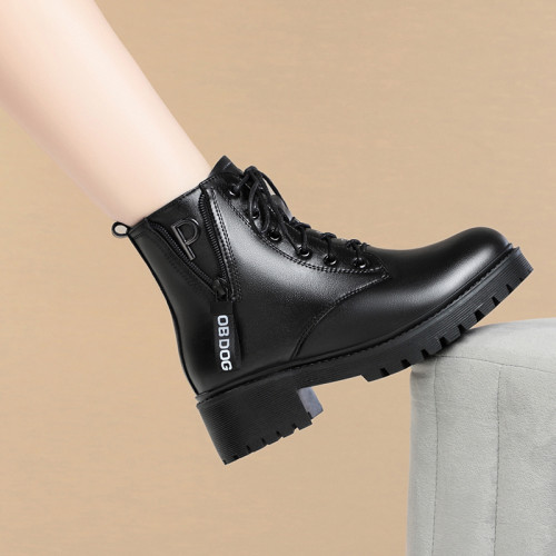 全牛皮真皮短靴女加絨馬丁靴中跟新款冬季羊毛棉鞋惠州英倫風靴子