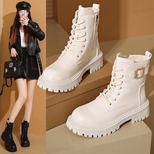 馬丁靴女款2024秋冬保暖舒適加絨靴子英倫風增高厚底機車靴大碼女