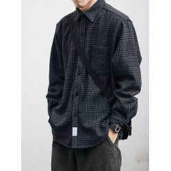 日系復古工裝格子襯衫男春秋季長袖潮流寬鬆百搭休閒毛呢襯衣外套