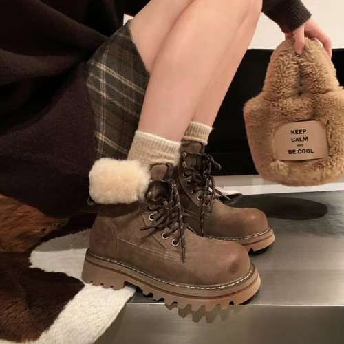 擦色復古腮紅馬丁靴女短靴2025冬季新款加絨厚底大黃靴戶外工裝靴