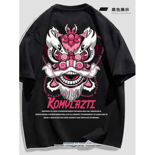 重磅純棉國風龍年醒獅印花短袖T恤男女寬鬆百搭潮流春季新年上衣