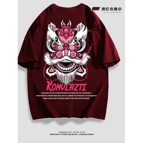 重磅純棉國風龍年醒獅印花短袖T恤男女寬鬆百搭潮流春季新年上衣