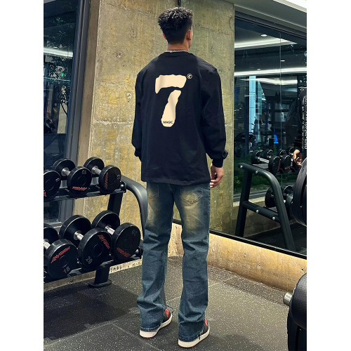 歐美式高街數字印花圓領長袖男秋季潮牌寬鬆重磅純棉情侶t恤上衣