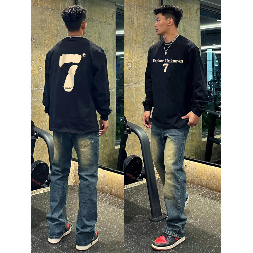 歐美式高街數字印花圓領長袖男秋季潮牌寬鬆重磅純棉情侶t恤上衣