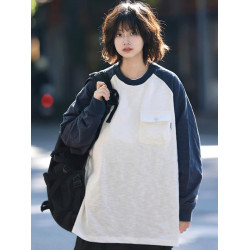 日系復古拼色插肩袖T恤打底男女生簡約口袋休閒寬鬆拼接長袖上衣