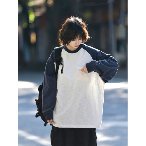 日系復古拼色插肩袖T恤打底男女生簡約口袋休閒寬鬆拼接長袖上衣