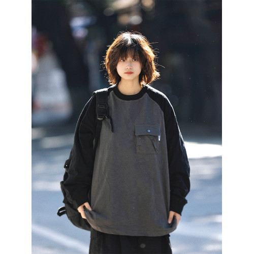 日系復古拼色插肩袖T恤打底男女生簡約口袋休閒寬鬆拼接長袖上衣