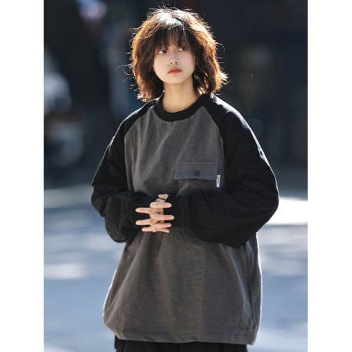 日系復古拼色插肩袖T恤打底男女生簡約口袋休閒寬鬆拼接長袖上衣