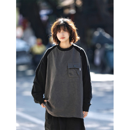 日系復古拼色插肩袖T恤打底男女生簡約口袋休閒寬鬆拼接長袖上衣
