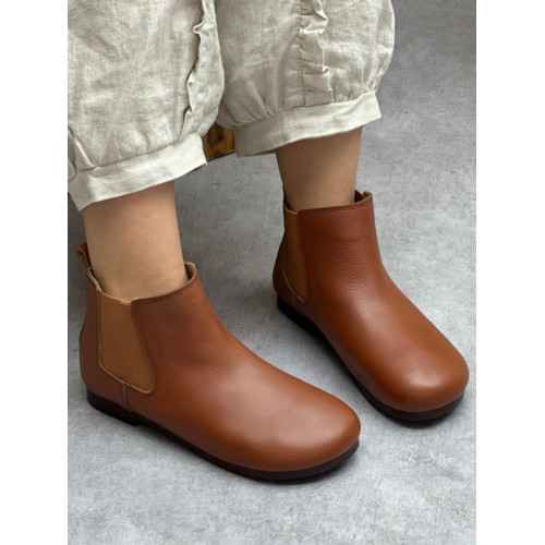 2025新款原創手工真皮復古短靴短筒文藝百搭女鞋圓頭平底休閒單靴