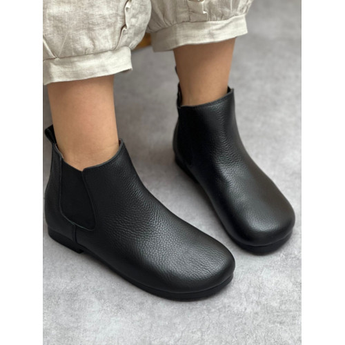 2025新款原創手工真皮復古短靴短筒文藝百搭女鞋圓頭平底休閒單靴