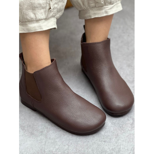 2025新款原創手工真皮復古短靴短筒文藝百搭女鞋圓頭平底休閒單靴