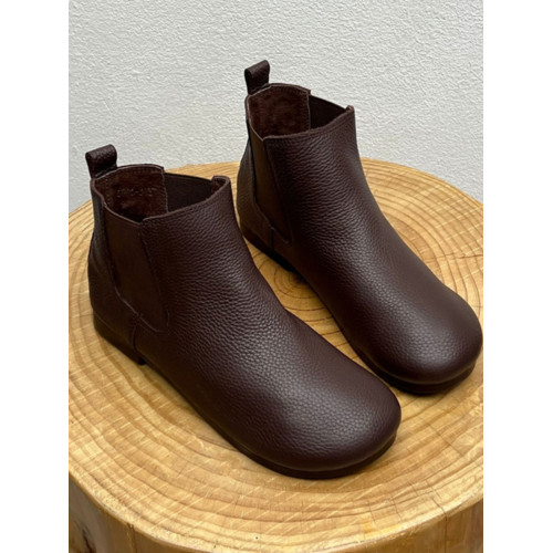 2025新款原創手工真皮復古短靴短筒文藝百搭女鞋圓頭平底休閒單靴