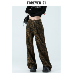 Forever 21美式豹紋加絨濶腿牛仔褲女冬季高腰顯瘦寬鬆直筒拖地褲