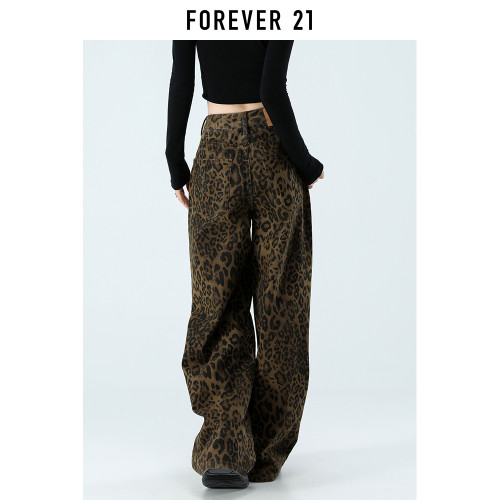 Forever 21美式豹紋加絨濶腿牛仔褲女冬季高腰顯瘦寬鬆直筒拖地褲