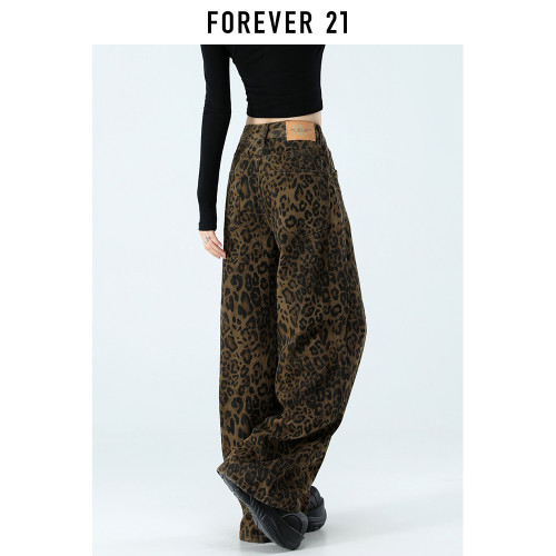Forever 21美式豹紋加絨濶腿牛仔褲女冬季高腰顯瘦寬鬆直筒拖地褲