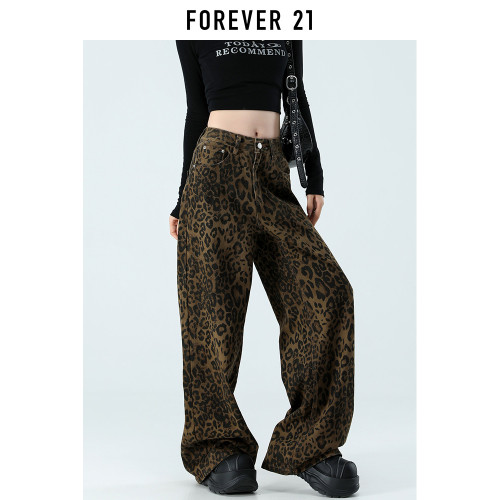 Forever 21美式豹紋加絨濶腿牛仔褲女冬季高腰顯瘦寬鬆直筒拖地褲
