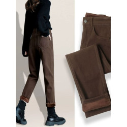 咖啡色牛仔褲女2026年春秋新款高腰顯瘦寬鬆彈力蘿蔔哈倫老爹褲子