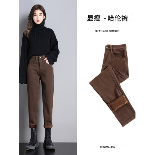 咖啡色牛仔褲女2026年春秋新款高腰顯瘦寬鬆彈力蘿蔔哈倫老爹褲子