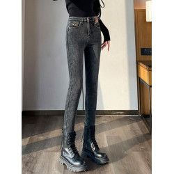 東北加絨加厚牛仔褲女冬季2025新款高腰顯瘦羊羔絨緊身加長小腳褲